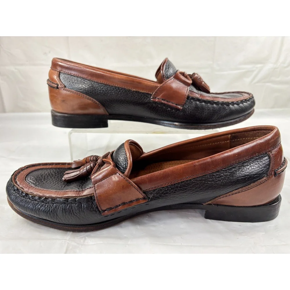 Florsheim Men Loafers Tassel Sz 10 D Leather Black Pebble-Grain Brown Trim Shoes